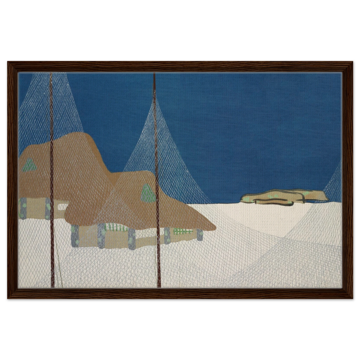 "Fishing Village" – Japanese Coastal Minimalism Wall Art Print by Kamisaka Sekka - Framed Canvas - 50x75 cm / 20x30″ - Dark wood frame