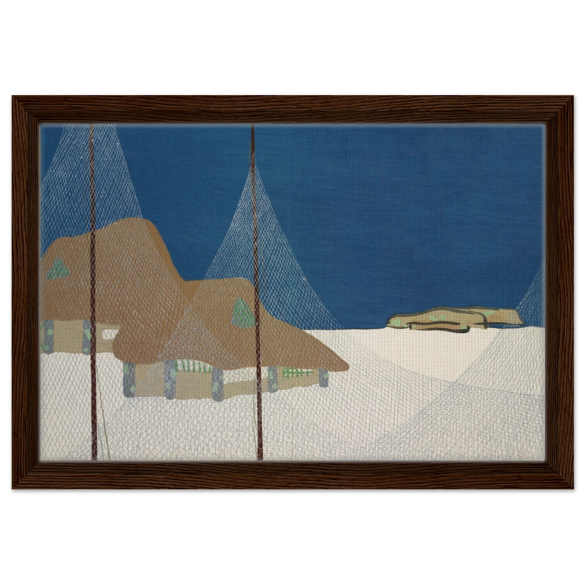 "Fishing Village" – Japanese Coastal Minimalism Wall Art Print by Kamisaka Sekka - Framed Canvas - 30x45 cm / 12x18″ - Dark wood frame
