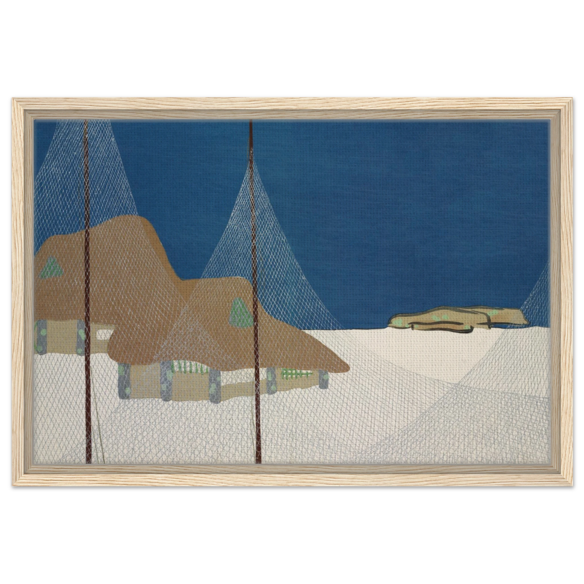 "Fishing Village" – Japanese Coastal Minimalism Wall Art Print by Kamisaka Sekka - Framed Canvas - 40x60 cm / 16x24″ - Wood frame