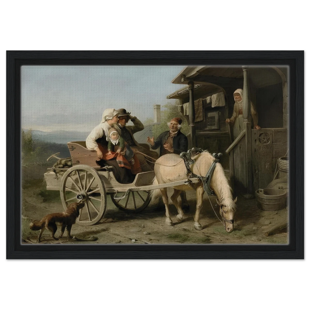 “Första besöket” – A Nordic Tale of Togetherness by Bengt Nordenberg | Wall art Print - Framed Canvas - 30x45 cm / 12x18″ - Black frame