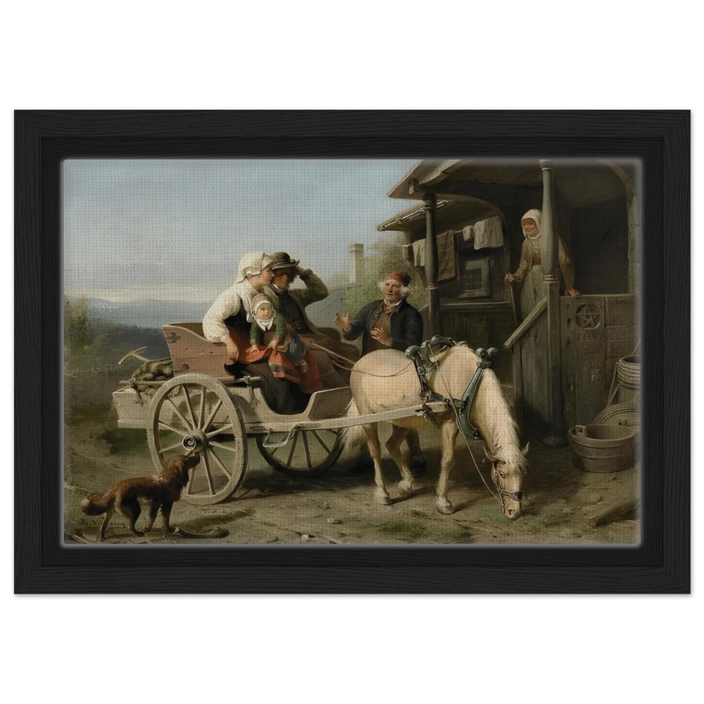 “Första besöket” – A Nordic Tale of Togetherness by Bengt Nordenberg | Wall art Print - Framed Canvas - 20x30 cm / 8x12″ - Black frame