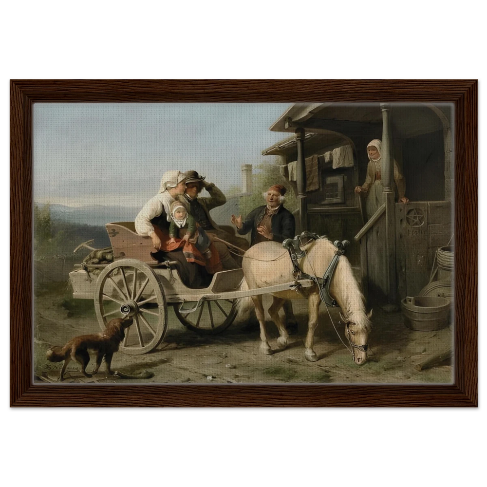 “Första besöket” – A Nordic Tale of Togetherness by Bengt Nordenberg | Wall art Print - Framed Canvas - 30x45 cm / 12x18″ - Dark wood frame