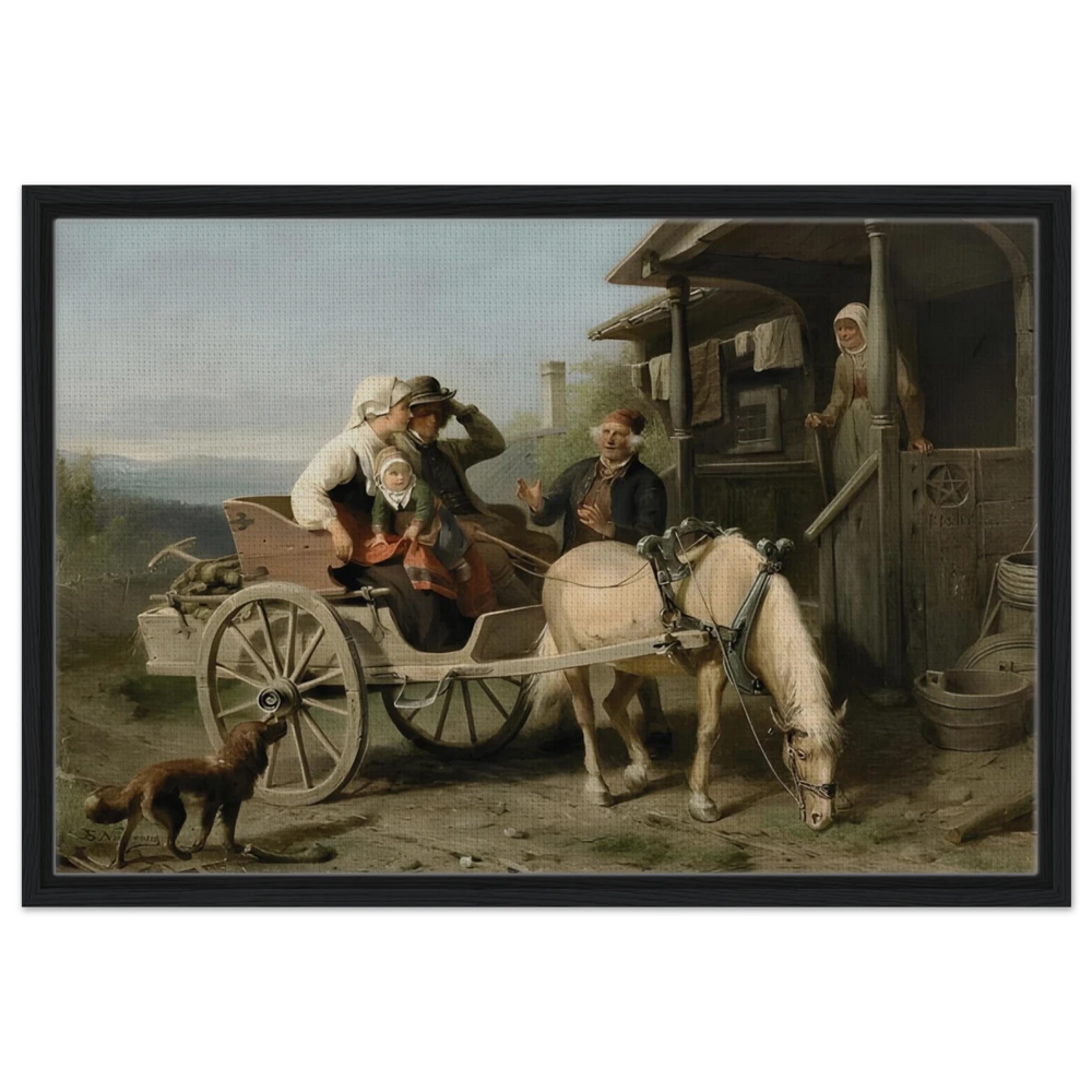 “Första besöket” – A Nordic Tale of Togetherness by Bengt Nordenberg | Wall art Print - Framed Canvas - 50x75 cm / 20x30″ - Black frame
