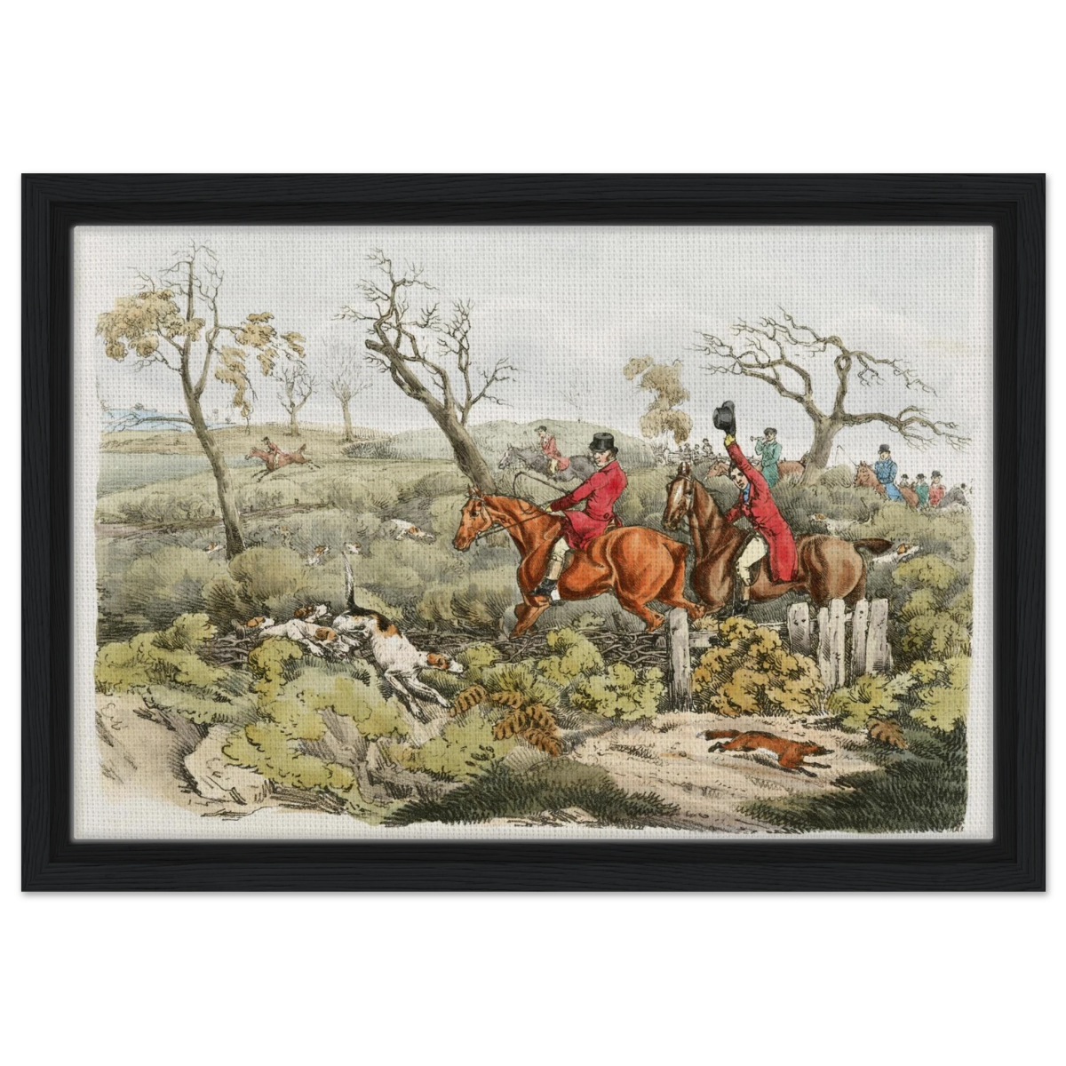 "Fox Hunt Legacy" – Vintage Equestrian Wall Art Print by Henry Alken - Framed Canvas - 30x45 cm / 12x18″ - Black frame