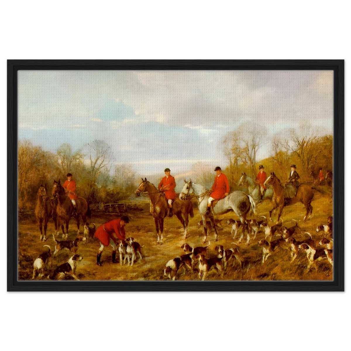 Fox Hunting Scene – Henry Alken Wall Art Print - Framed Canvas - 50x75 cm / 20x30″ - Black frame