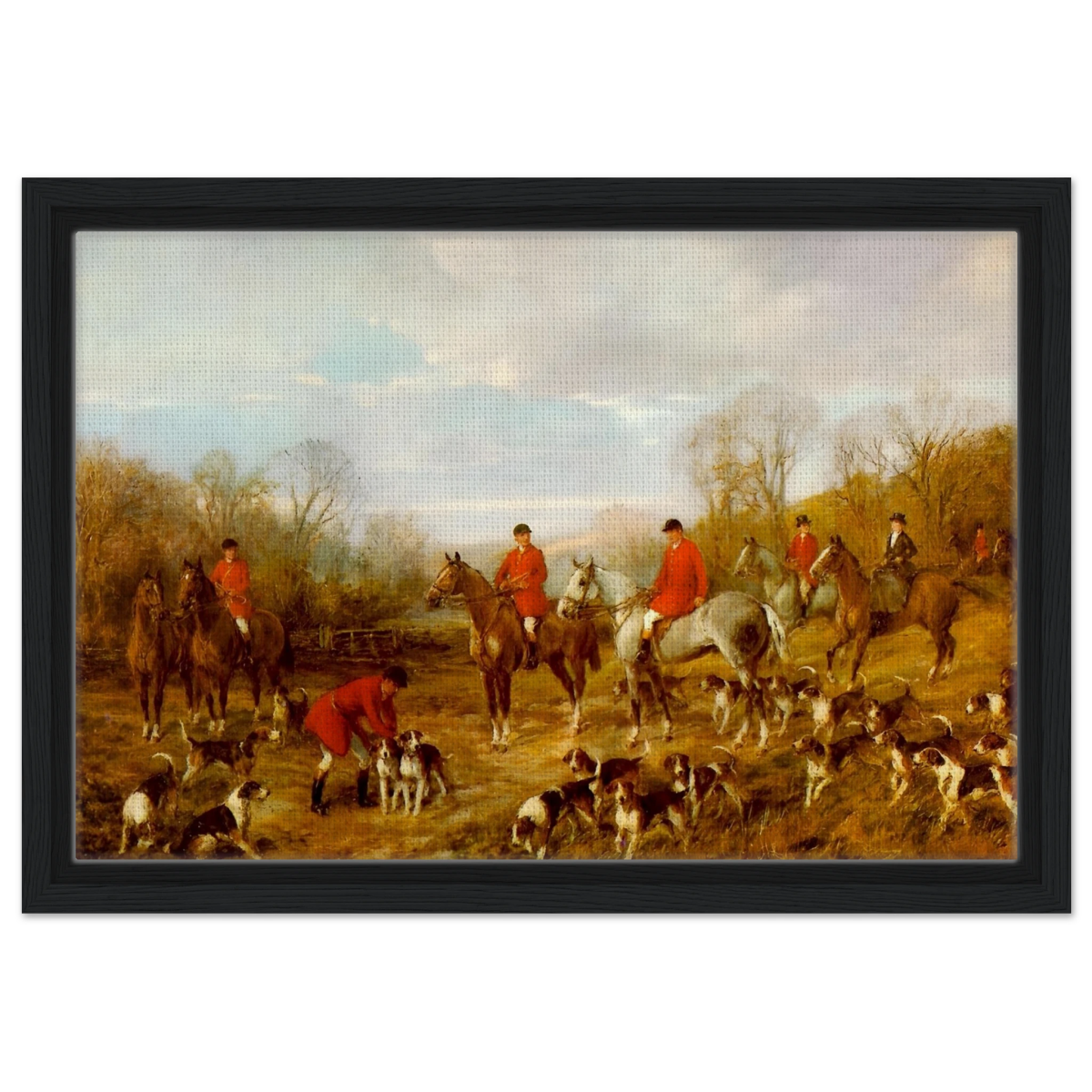 Fox Hunting Scene – Henry Alken Wall Art Print - Framed Canvas - 30x45 cm / 12x18″ - Black frame