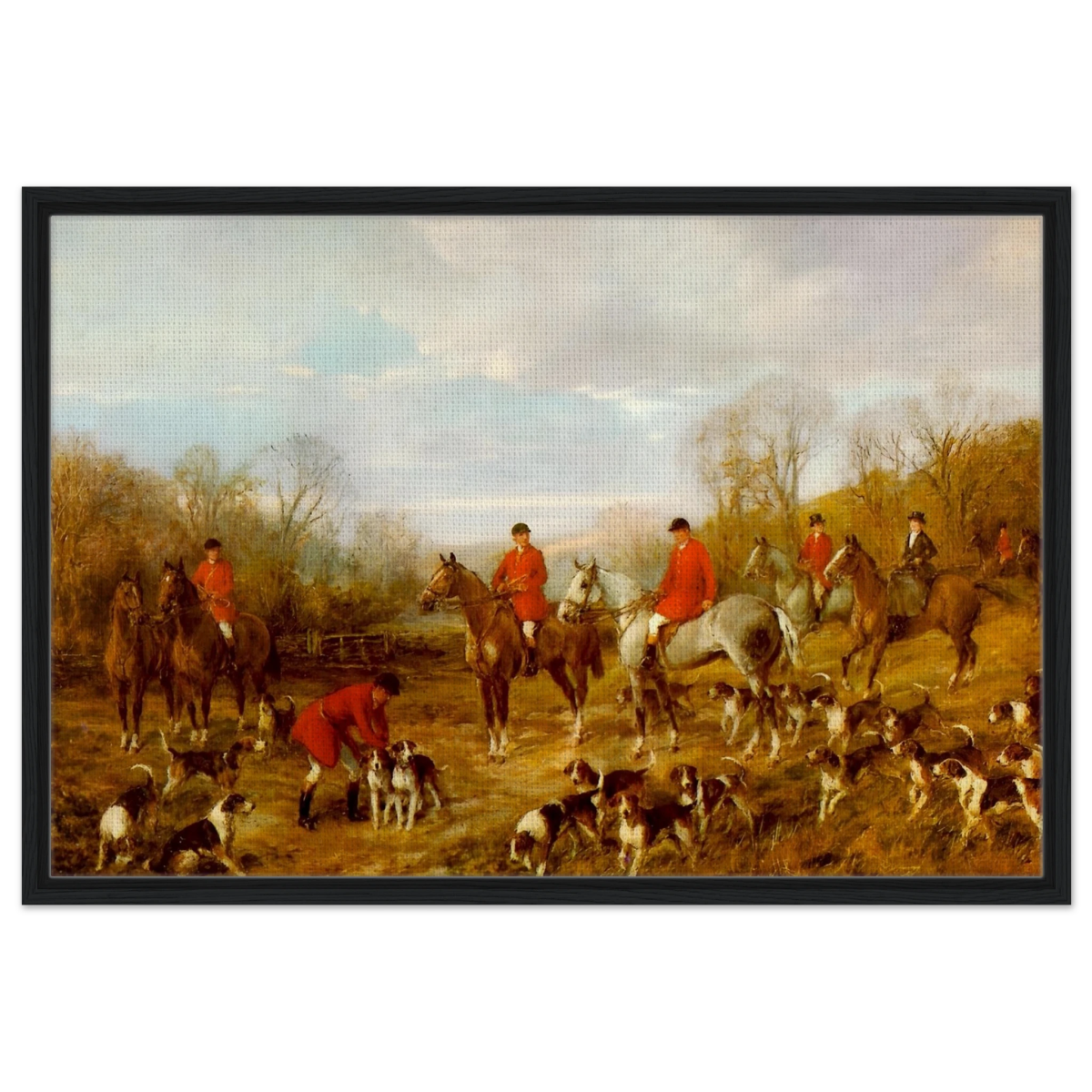 Fox Hunting Scene – Henry Alken Wall Art Print - Framed Canvas - 60x90 cm / 24x36″ - Black frame