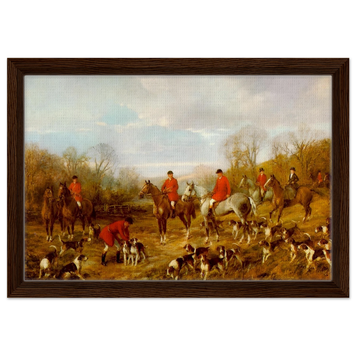 Fox Hunting Scene – Henry Alken Wall Art Print - Framed Canvas - 30x45 cm / 12x18″ - Dark wood frame