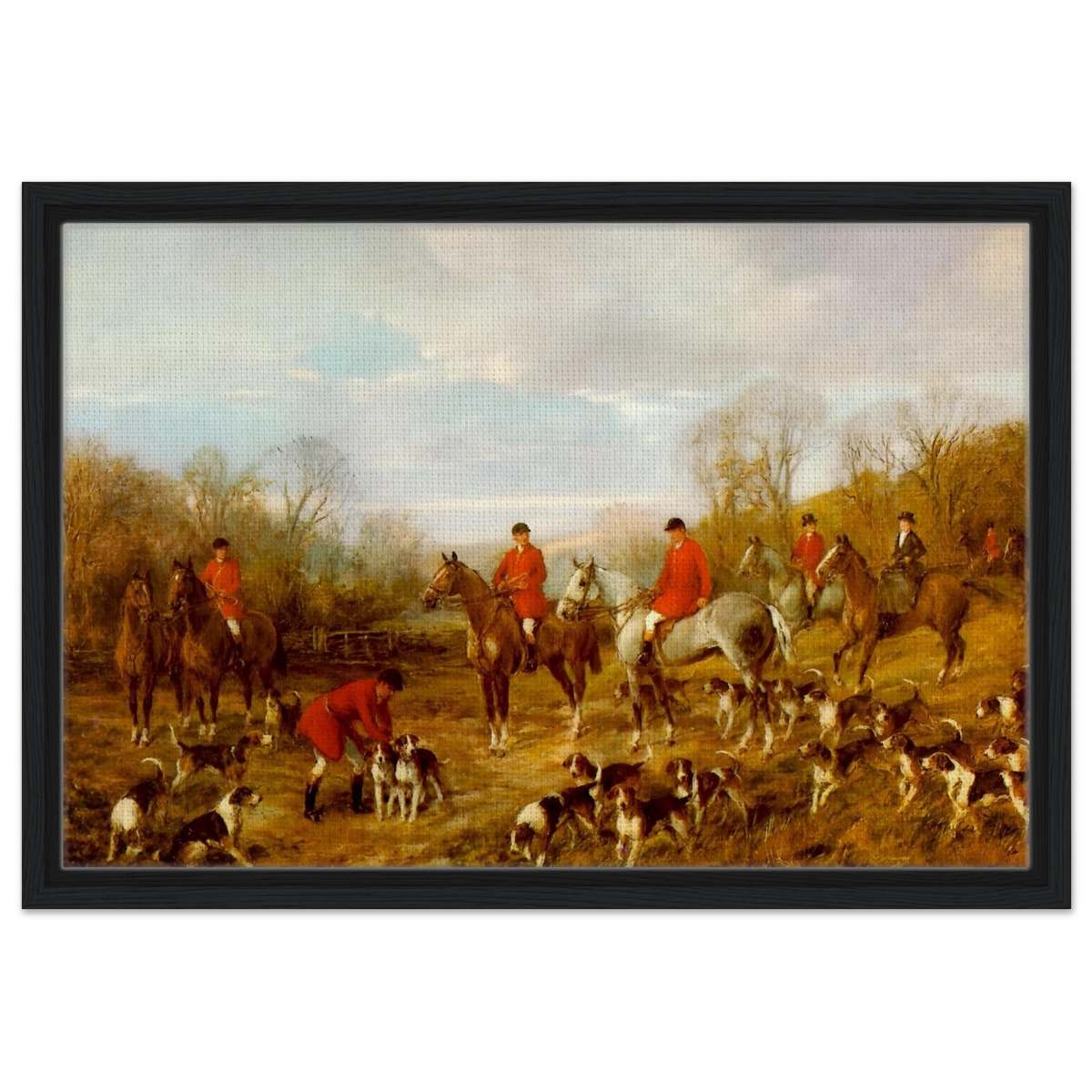 Fox Hunting Scene – Henry Alken Wall Art Print - Framed Canvas - 40x60 cm / 16x24″ - Black frame