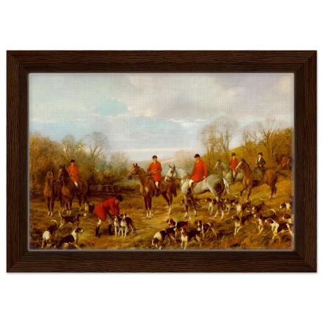 Fox Hunting Scene – Henry Alken Wall Art Print - Framed Canvas - 20x30 cm / 8x12″ - Dark wood frame
