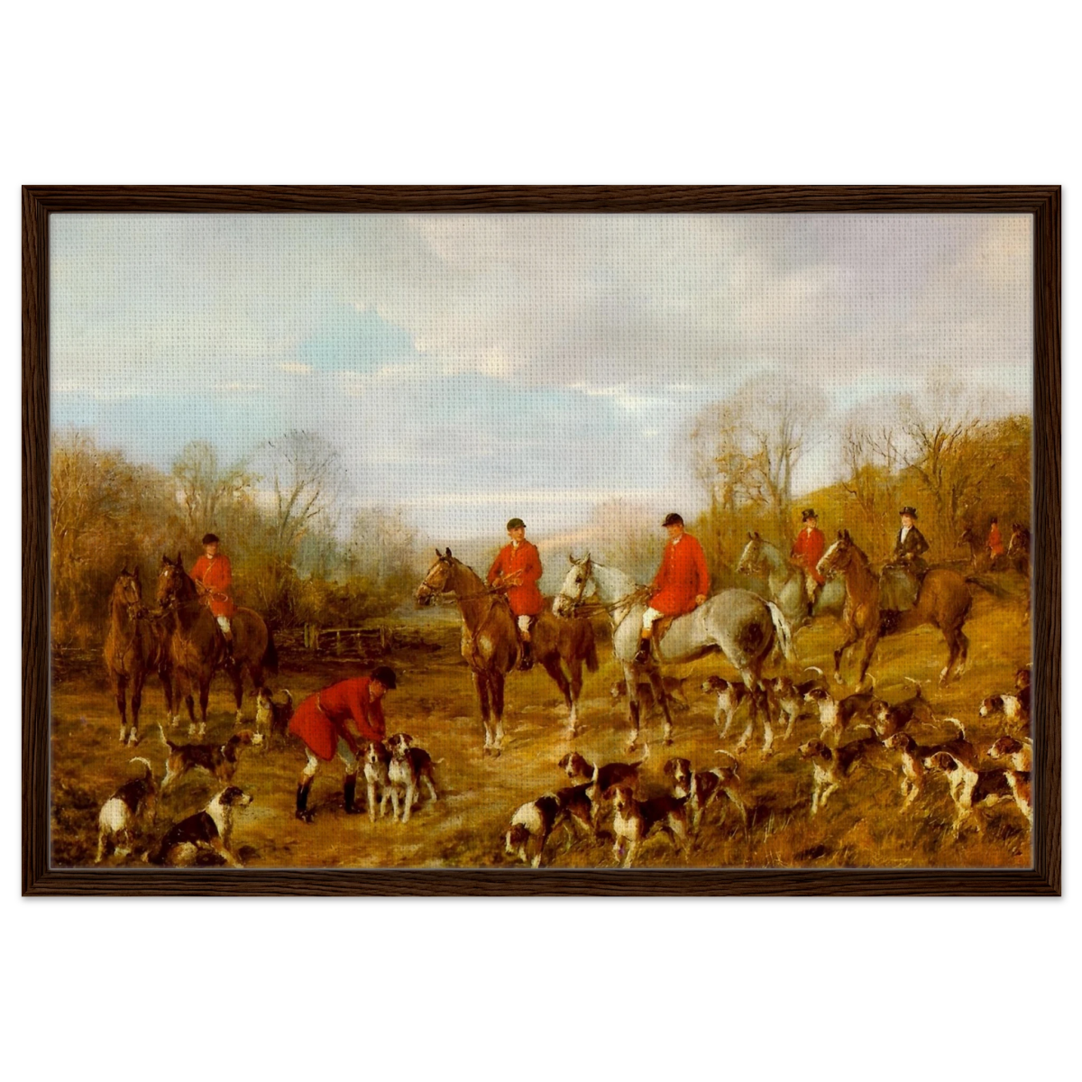 Fox Hunting Scene – Henry Alken Wall Art Print - Framed Canvas - 60x90 cm / 24x36″ - Dark wood frame