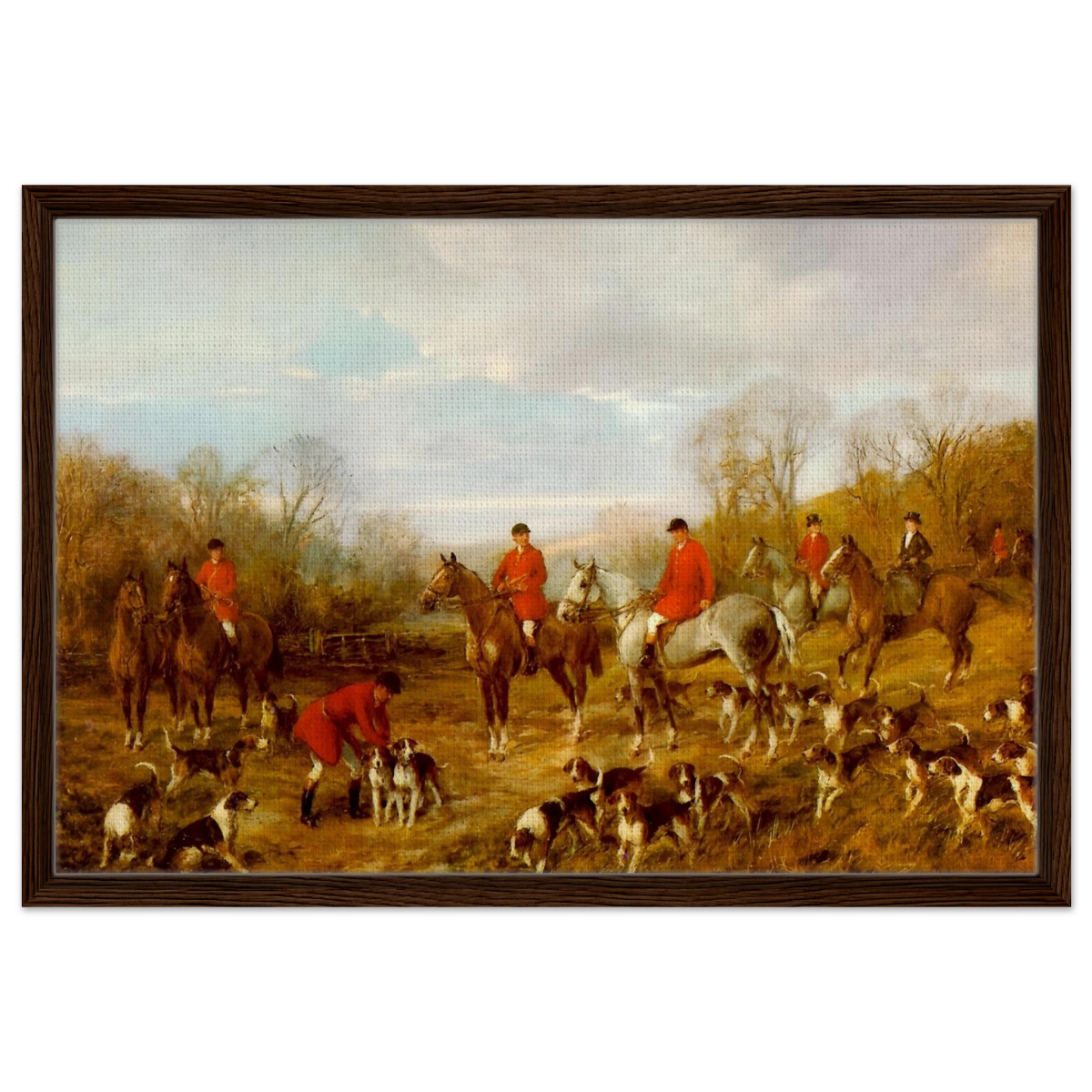 Fox Hunting Scene – Henry Alken Wall Art Print - Framed Canvas - 50x75 cm / 20x30″ - Dark wood frame