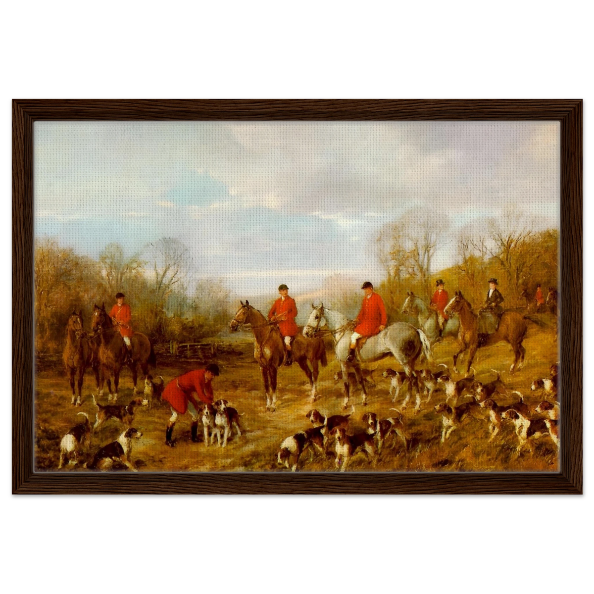 Fox Hunting Scene – Henry Alken Wall Art Print - Framed Canvas - 40x60 cm / 16x24″ - Dark wood frame