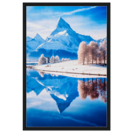 Frozen Reflections of Majesty – Snowy Mountain Landscape | Wall Art Print - Framed Canvas - 60x90 cm / 24x36″ - Black frame