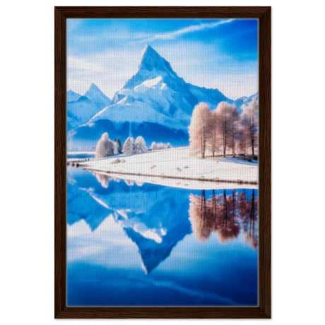 Frozen Reflections of Majesty – Snowy Mountain Landscape | Wall Art Print - Framed Canvas - 40x60 cm / 16x24″ - Dark wood frame