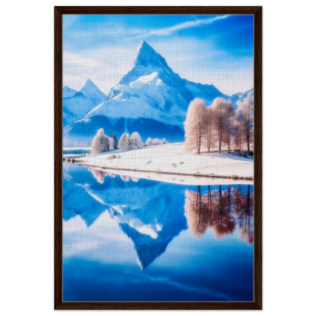 Frozen Reflections of Majesty – Snowy Mountain Landscape | Wall Art Print - Framed Canvas - 60x90 cm / 24x36″ - Dark wood frame