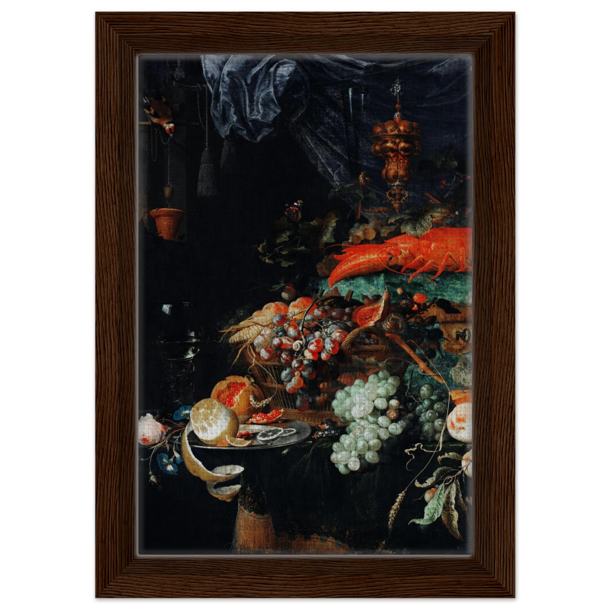 Fruits and Lobster by Abraham Mignon | Wall art Print - Framed Canvas - 20x30 cm / 8x12″ - Dark wood frame