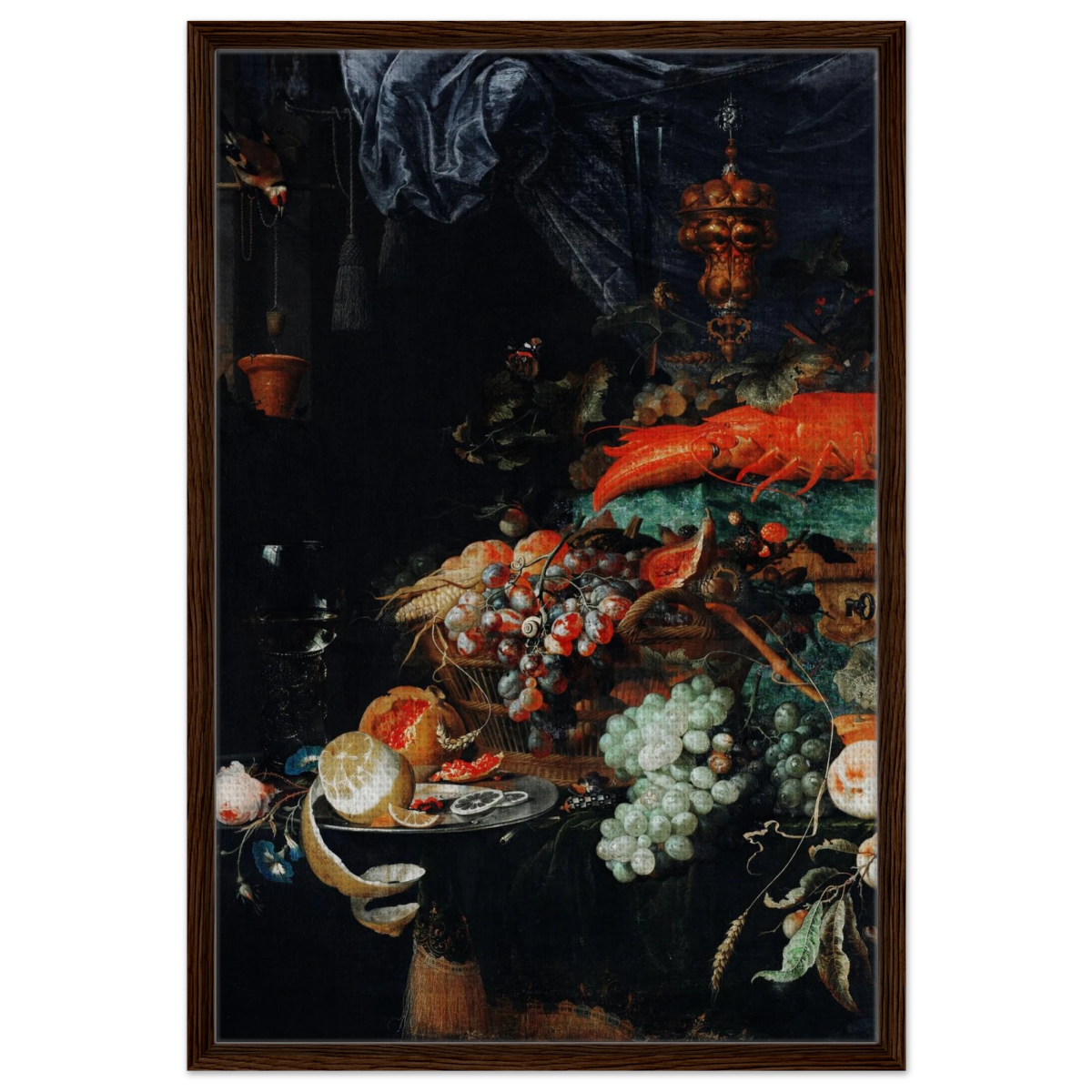 Fruits and Lobster by Abraham Mignon | Wall art Print - Framed Canvas - 60x90 cm / 24x36″ - Dark wood frame