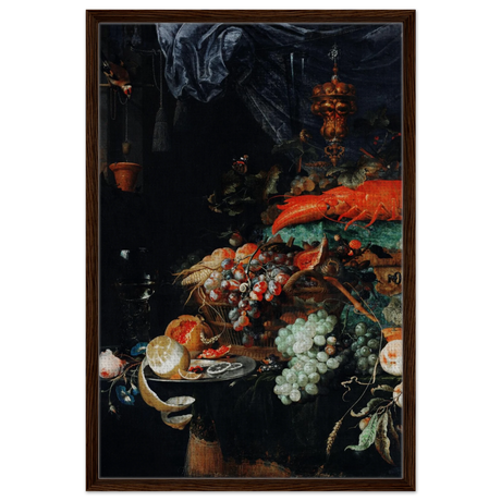 Fruits and Lobster by Abraham Mignon | Wall art Print - Framed Canvas - 60x90 cm / 24x36″ - Dark wood frame