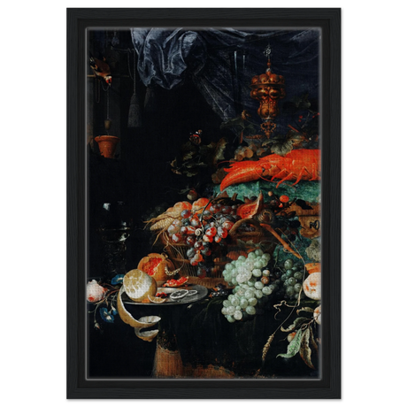 Fruits and Lobster by Abraham Mignon | Wall art Print - Framed Canvas - 30x45 cm / 12x18″ - Black frame