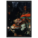 Fruits and Lobster by Abraham Mignon | Wall art Print - Framed Canvas - 60x90 cm / 24x36″ - Black frame