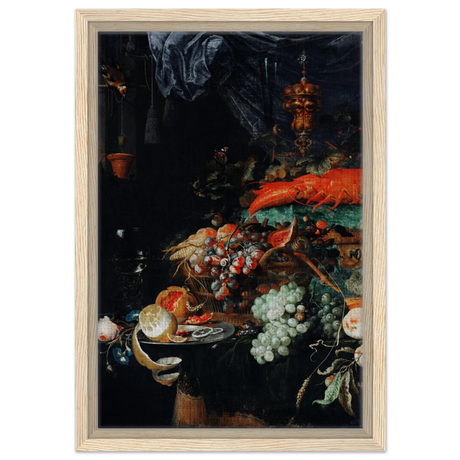 Fruits and Lobster by Abraham Mignon | Wall art Print - Framed Canvas - 30x45 cm / 12x18″ - Wood frame