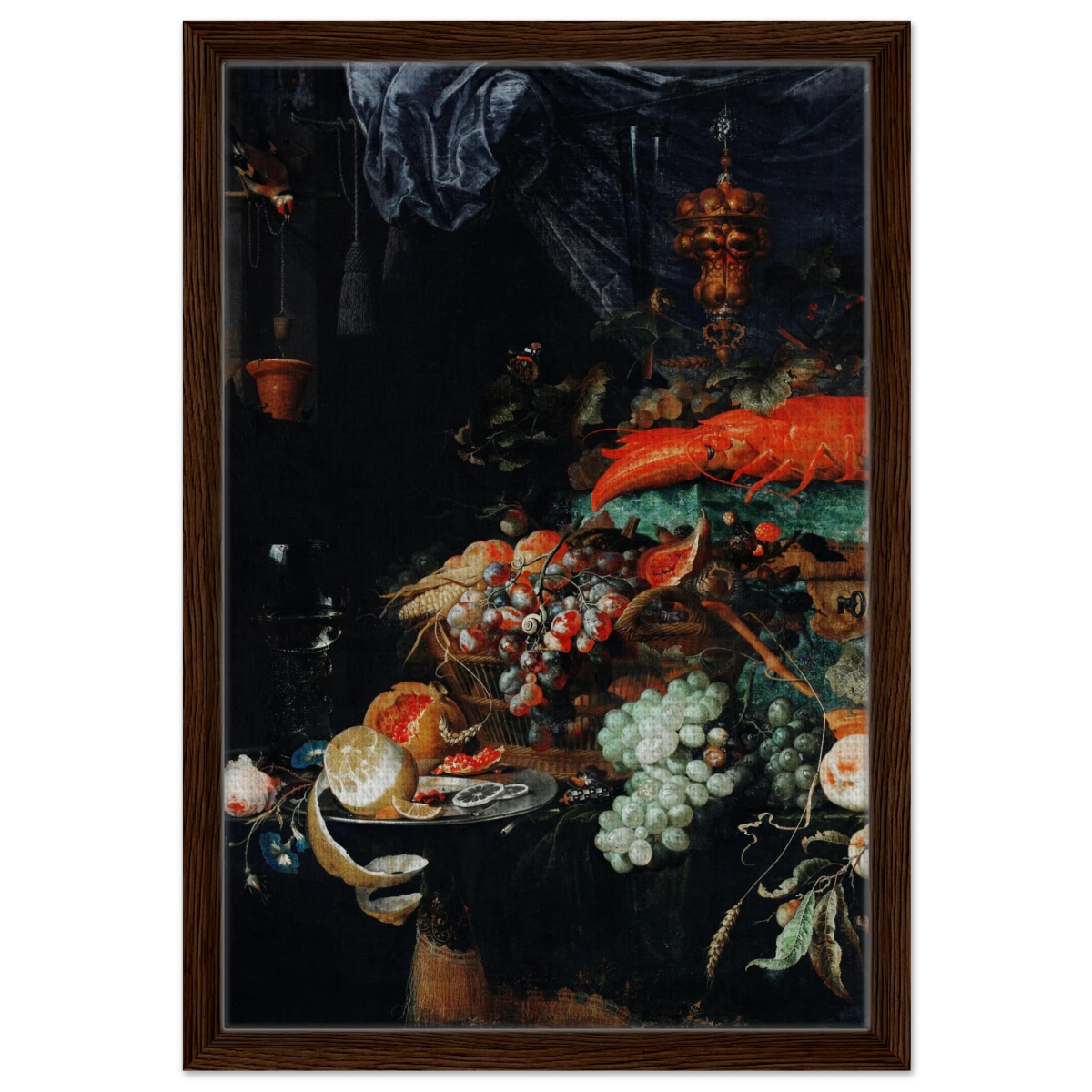 Fruits and Lobster by Abraham Mignon | Wall art Print - Framed Canvas - 40x60 cm / 16x24″ - Dark wood frame