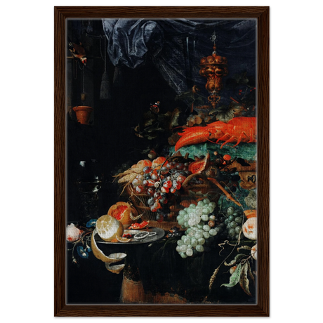 Fruits and Lobster by Abraham Mignon | Wall art Print - Framed Canvas - 40x60 cm / 16x24″ - Dark wood frame
