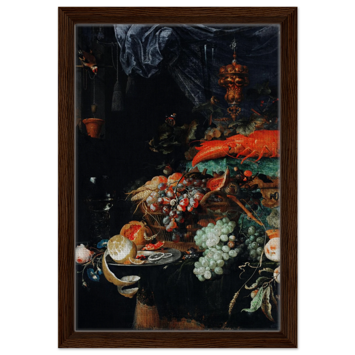 Fruits and Lobster by Abraham Mignon | Wall art Print - Framed Canvas - 30x45 cm / 12x18″ - Dark wood frame