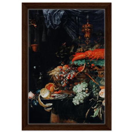 Fruits and Lobster by Abraham Mignon | Wall art Print - Framed Canvas - 30x45 cm / 12x18″ - Dark wood frame