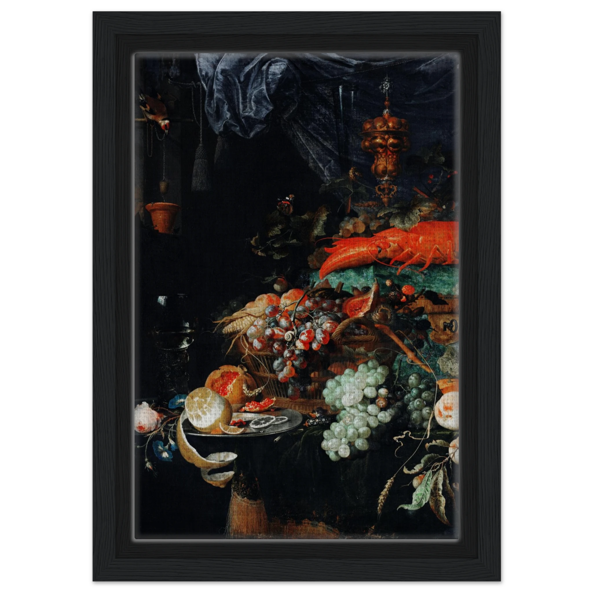 Fruits and Lobster by Abraham Mignon | Wall art Print - Framed Canvas - 20x30 cm / 8x12″ - Black frame