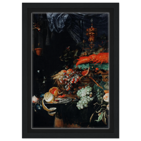 Fruits and Lobster by Abraham Mignon | Wall art Print - Framed Canvas - 20x30 cm / 8x12″ - Black frame