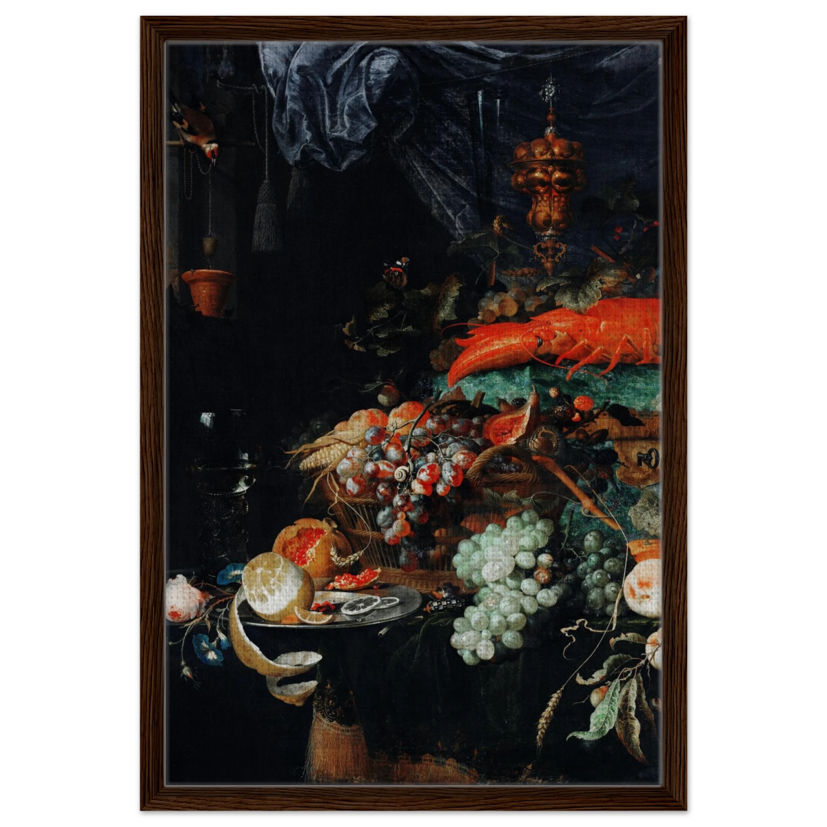 Fruits and Lobster by Abraham Mignon | Wall art Print - Framed Canvas - 50x75 cm / 20x30″ - Dark wood frame