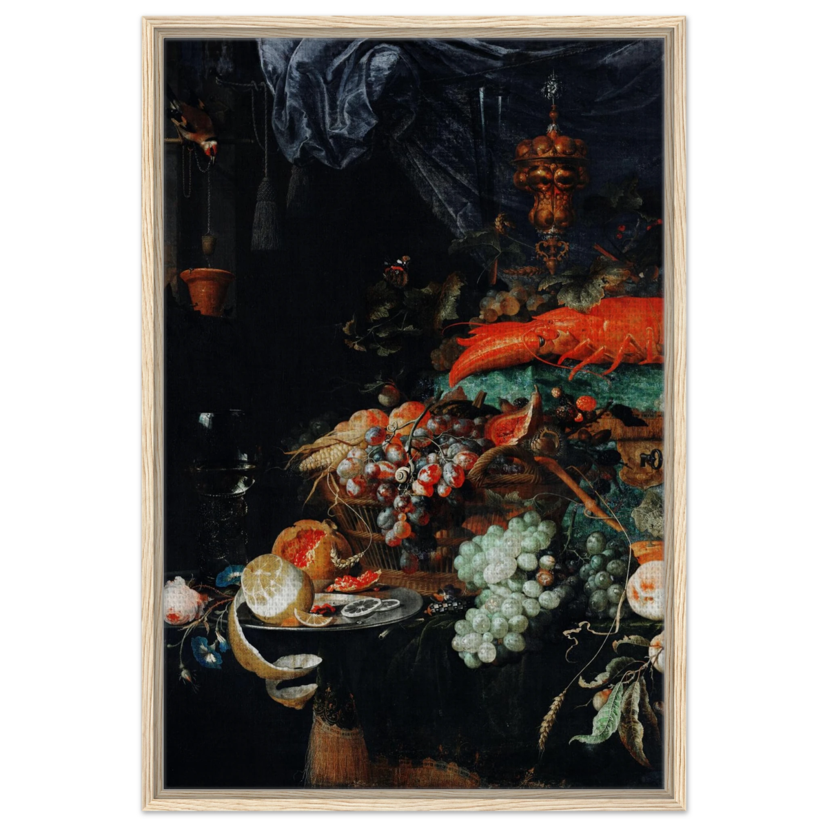 Fruits and Lobster by Abraham Mignon | Wall art Print - Framed Canvas - 60x90 cm / 24x36″ - Wood frame