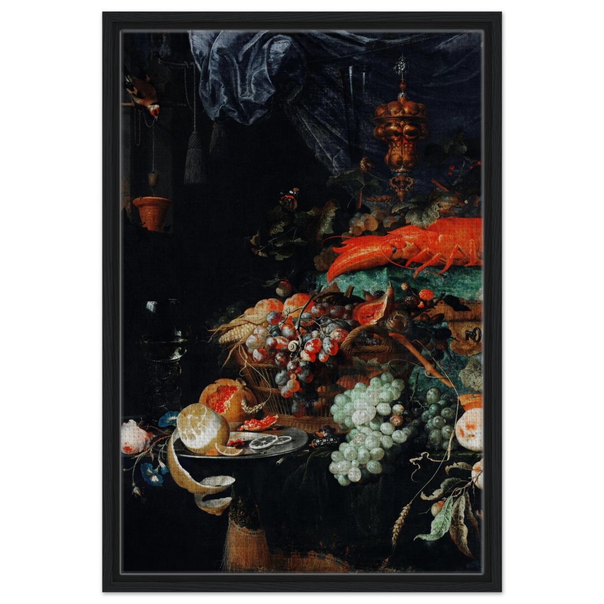 Fruits and Lobster by Abraham Mignon | Wall art Print - Framed Canvas - 50x75 cm / 20x30″ - Black frame