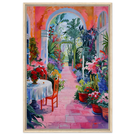 "Garden of Morning Light" – Blooming Terrace Escape | Wall Art Print - Framed Canvas - 60x90 cm / 24x36″ - Wood frame