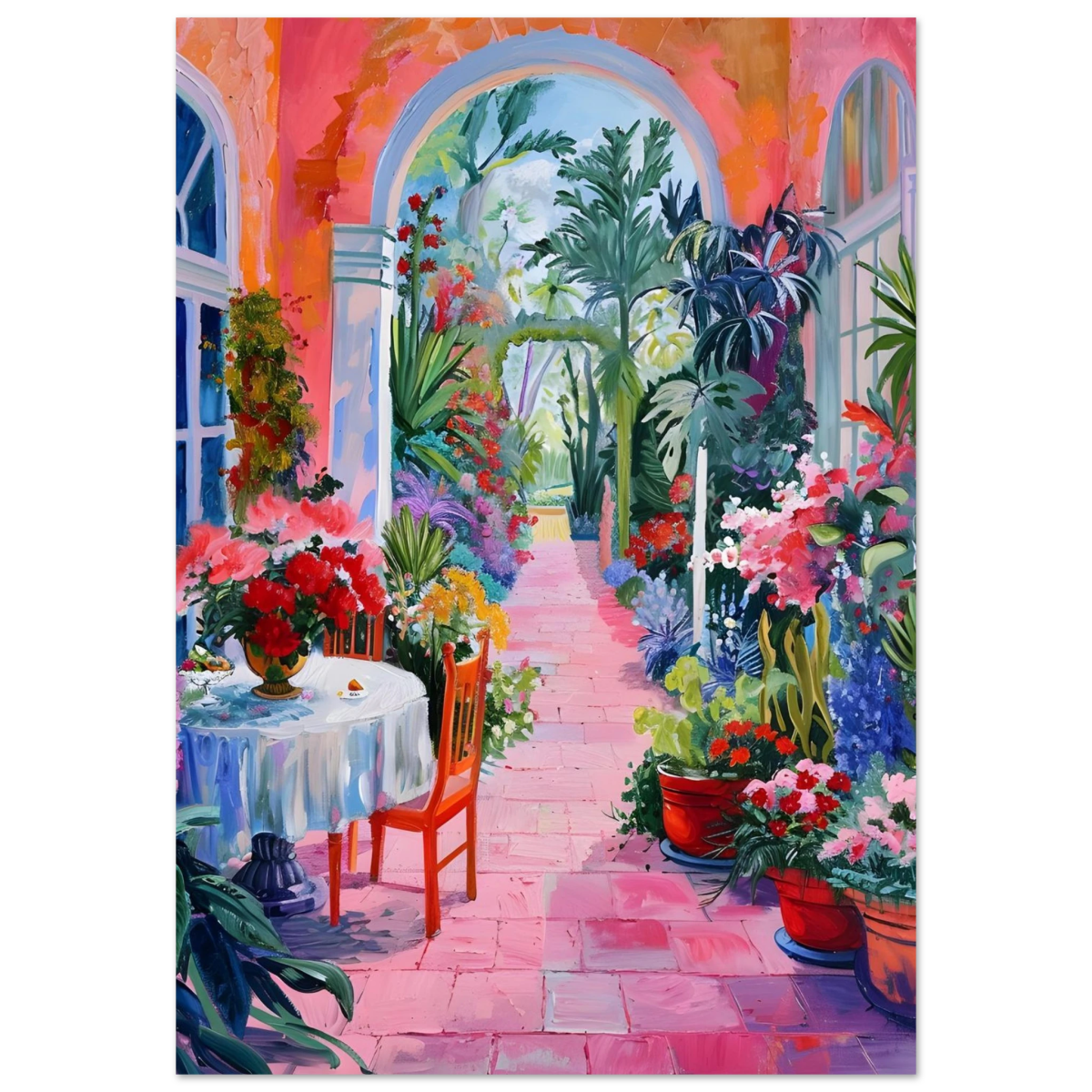 "Garden of Morning Light" – Blooming Terrace Escape | Wall Art Print - Fine Art Poster - 70x100 cm / 28x40″ - 