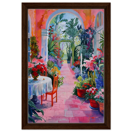 "Garden of Morning Light" – Blooming Terrace Escape | Wall Art Print - Framed Canvas - 30x45 cm / 12x18″ - Dark wood frame
