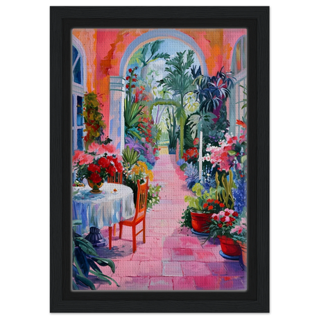 "Garden of Morning Light" – Blooming Terrace Escape | Wall Art Print - Framed Canvas - 20x30 cm / 8x12″ - Black frame