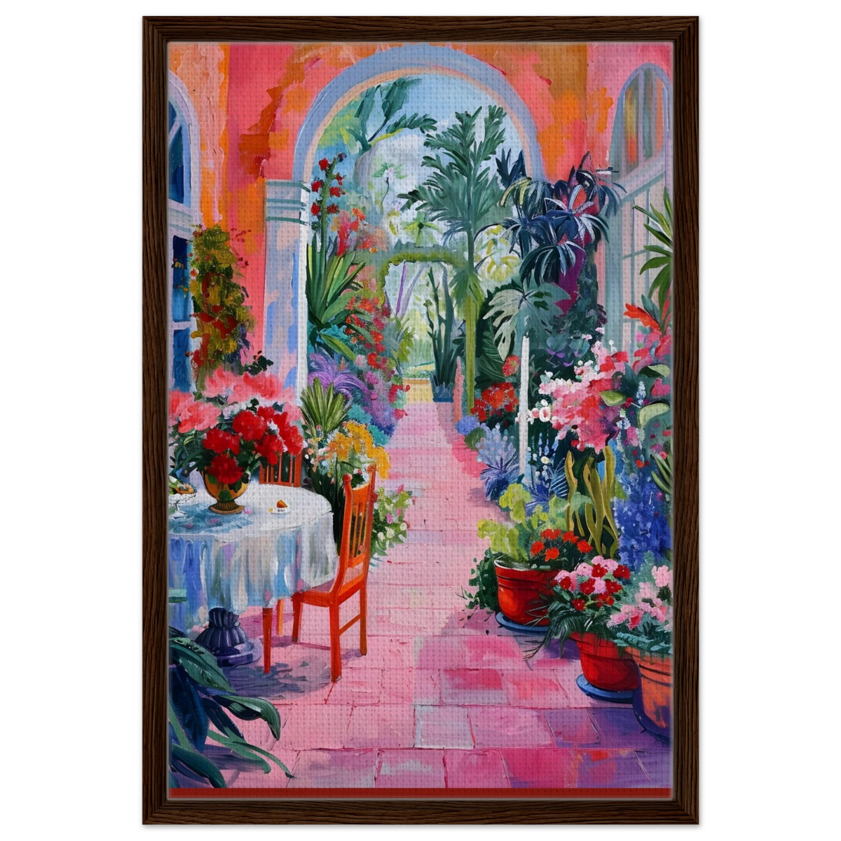 "Garden of Morning Light" – Blooming Terrace Escape | Wall Art Print - Framed Canvas - 50x75 cm / 20x30″ - Dark wood frame