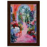 "Garden of Morning Light" – Blooming Terrace Escape | Wall Art Print - Framed Canvas - 20x30 cm / 8x12″ - Dark wood frame