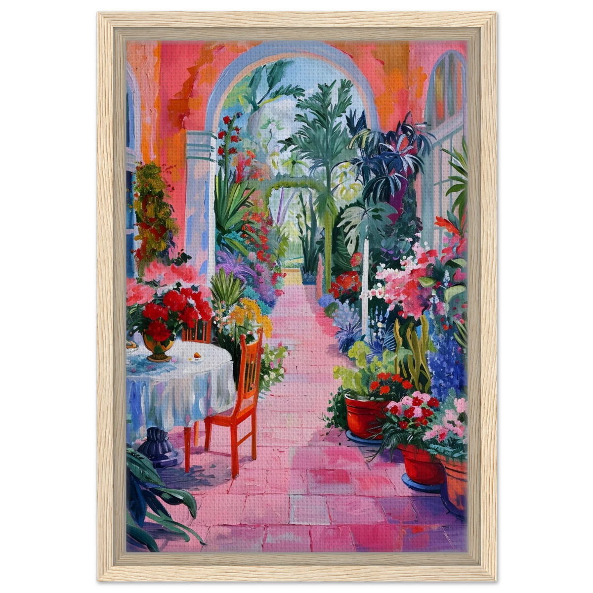 "Garden of Morning Light" – Blooming Terrace Escape | Wall Art Print - Framed Canvas - 30x45 cm / 12x18″ - Wood frame