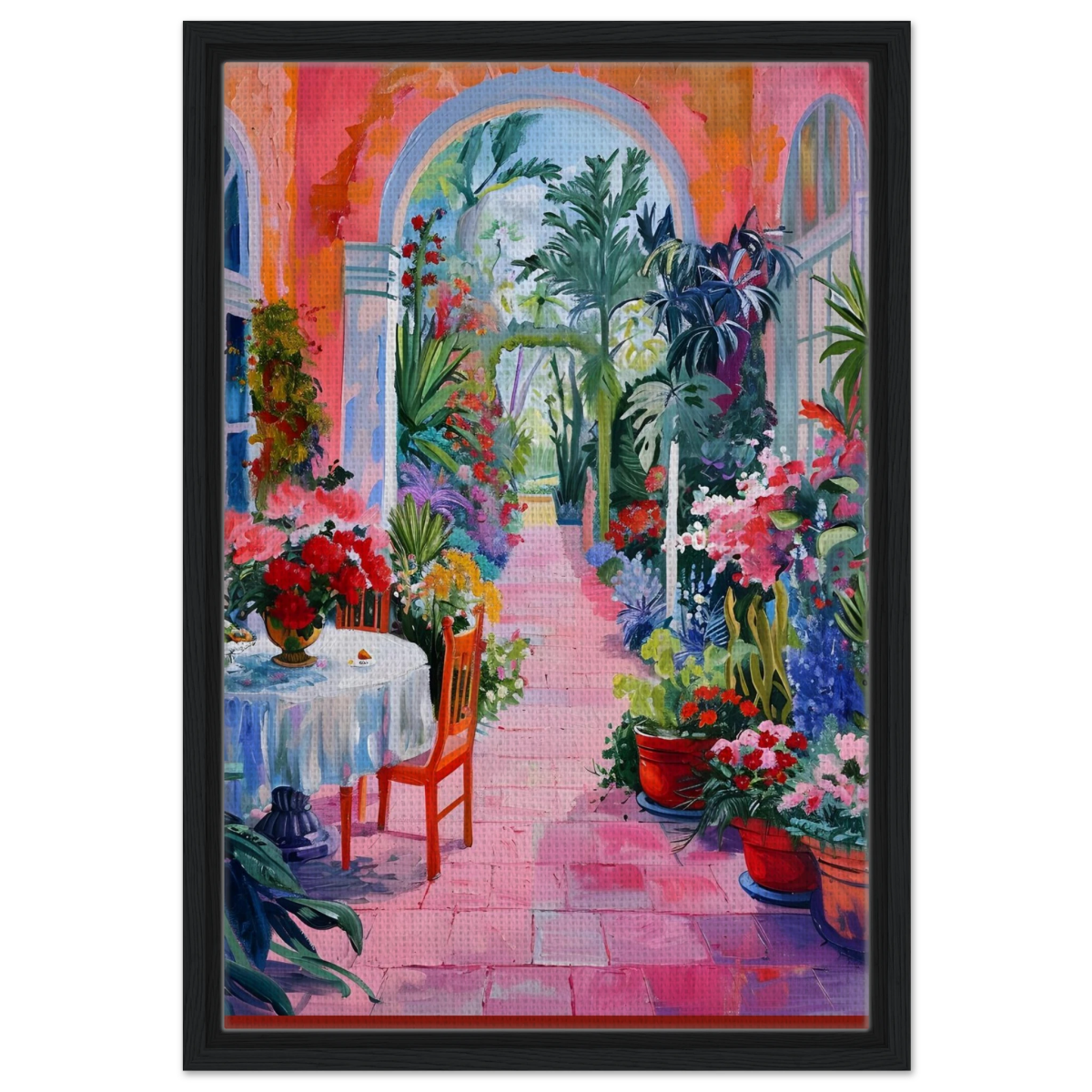 "Garden of Morning Light" – Blooming Terrace Escape | Wall Art Print - Framed Canvas - 40x60 cm / 16x24″ - Black frame