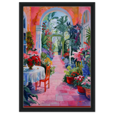 "Garden of Morning Light" – Blooming Terrace Escape | Wall Art Print - Framed Canvas - 40x60 cm / 16x24″ - Black frame