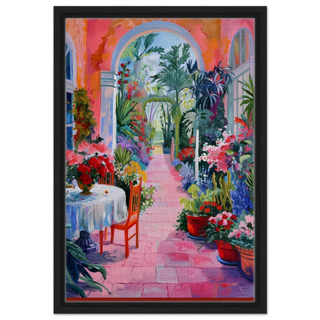 "Garden of Morning Light" – Blooming Terrace Escape | Wall Art Print - Framed Canvas - 40x60 cm / 16x24″ - Black frame