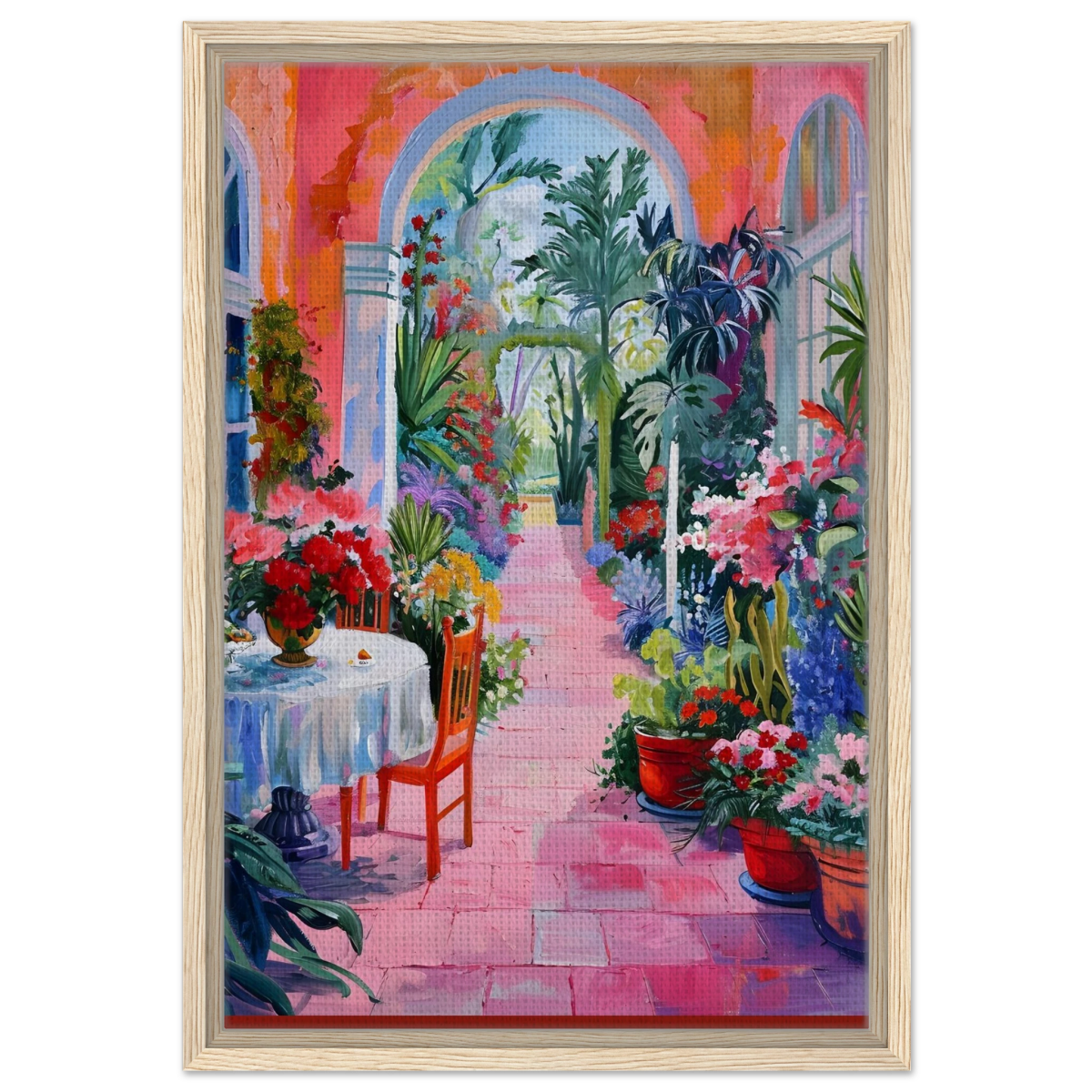 "Garden of Morning Light" – Blooming Terrace Escape | Wall Art Print - Framed Canvas - 40x60 cm / 16x24″ - Wood frame