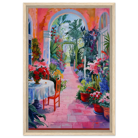 "Garden of Morning Light" – Blooming Terrace Escape | Wall Art Print - Framed Canvas - 40x60 cm / 16x24″ - Wood frame