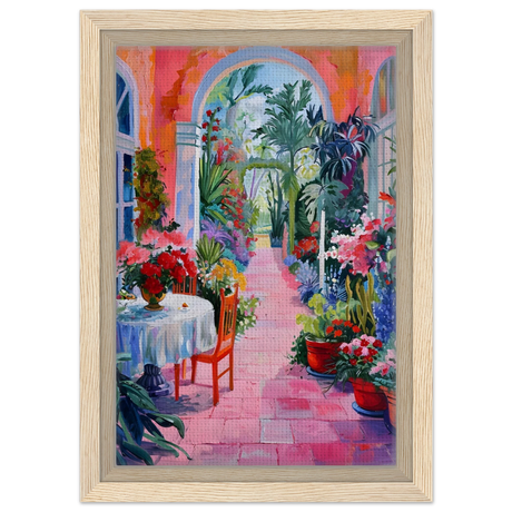 "Garden of Morning Light" – Blooming Terrace Escape | Wall Art Print - Framed Canvas - 20x30 cm / 8x12″ - Wood frame