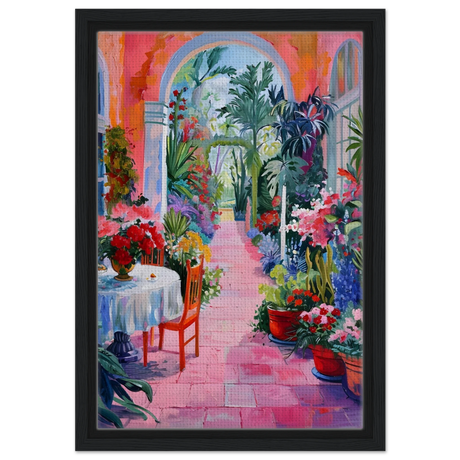 "Garden of Morning Light" – Blooming Terrace Escape | Wall Art Print - Framed Canvas - 30x45 cm / 12x18″ - Black frame
