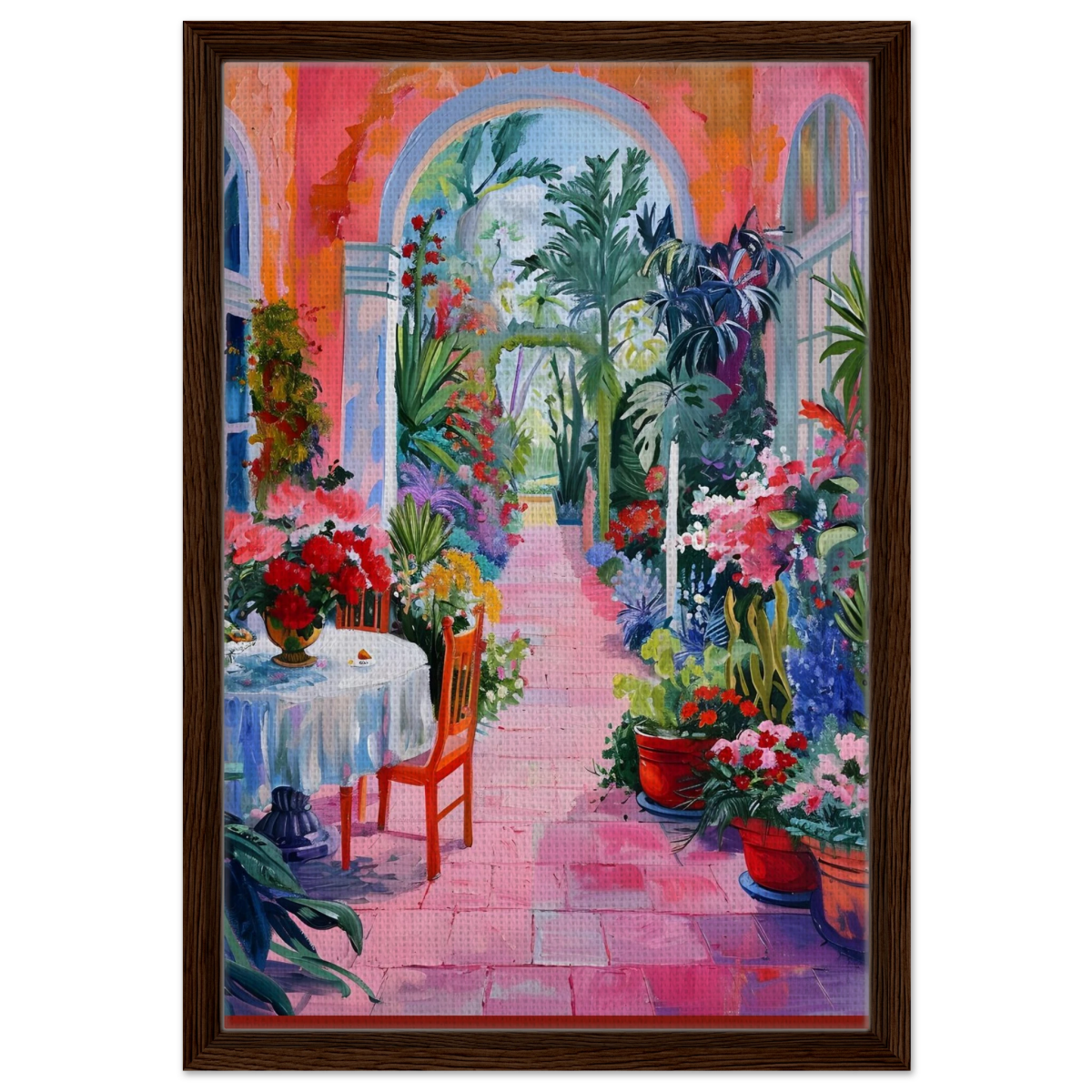 "Garden of Morning Light" – Blooming Terrace Escape | Wall Art Print - Framed Canvas - 40x60 cm / 16x24″ - Dark wood frame
